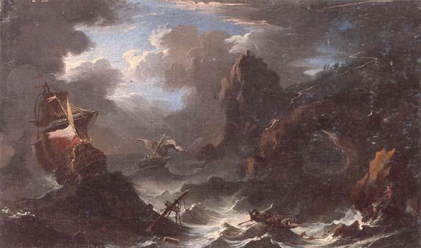 unknow artist A coastal landscape with shipping in a storm,figures shipwrecked in the foreground Germany oil painting art